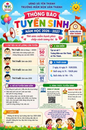 THÔNG BÁO TUYỂN SINH NĂM HỌC 2026-2027 CỦA TRƯỜNG MẦM NON VĂN THÀNH